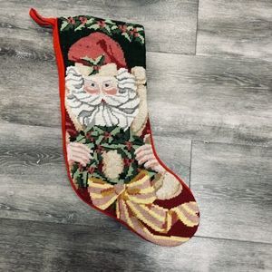 Vintage Needlepoint Embroidered Christmas Stocking Wool Santa‎ 16 In